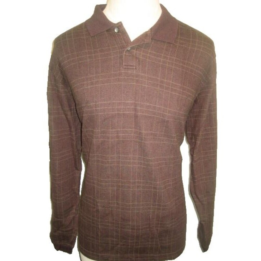 Mens Geoffrey Beene Brown Plaid Cotton Blend Rugby Style Sweater sz Lg